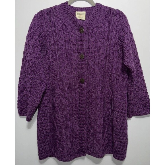 Kilronan Knitwear Sweater Women’s Size L Purple Merino Wool Cable Cardigan - Picture 1 of 7